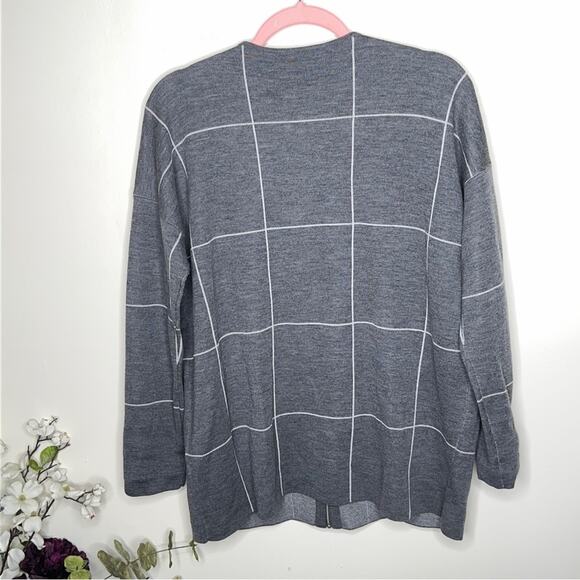 EILEEN FISHER Windowpane Extra Fine Merino Wool Cardigan Sweater Gray {A48} - Picture 4 of 6
